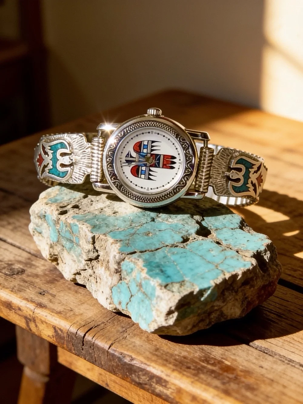 Navajo Sterling Turquoise/Coral Inlay Thunderbird Tips + Black Apache Watch